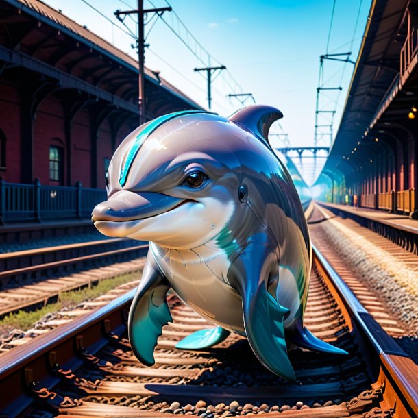 Image of a dolphin in a cap on the railway tracks