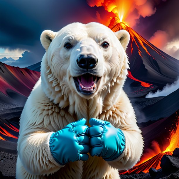 Pic of a polar bear in a gloves in the volcano