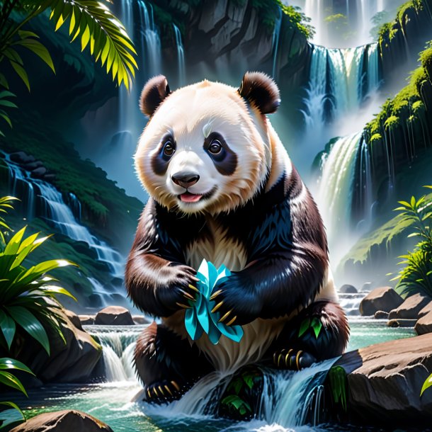 Pic of a giant panda in a gloves in the waterfall