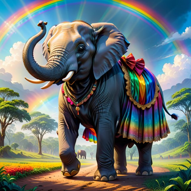 Illustration of a elephant in a skirt on the rainbow