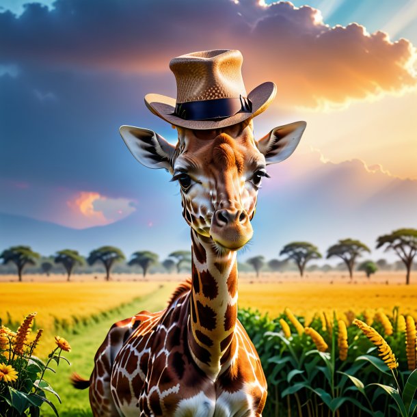 Picture of a giraffe in a hat on the field