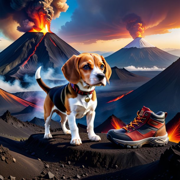 Picture of a beagle in a shoes in the volcano