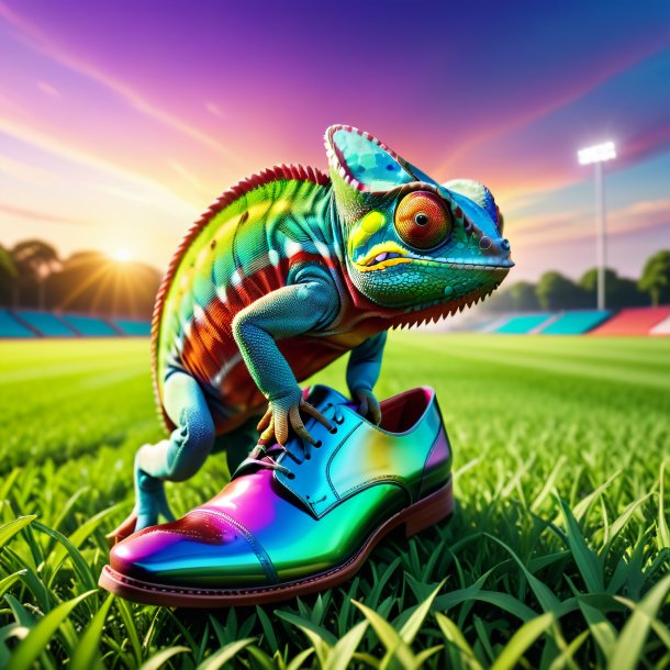 Image of a chameleon in a shoes on the field