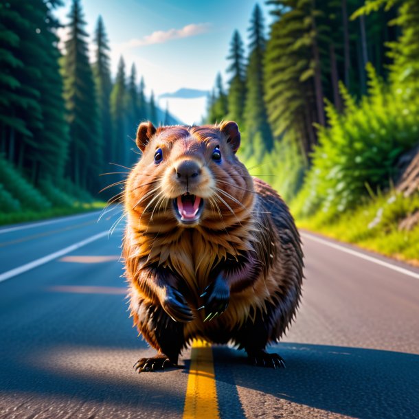 Picture of a threatening of a beaver on the road