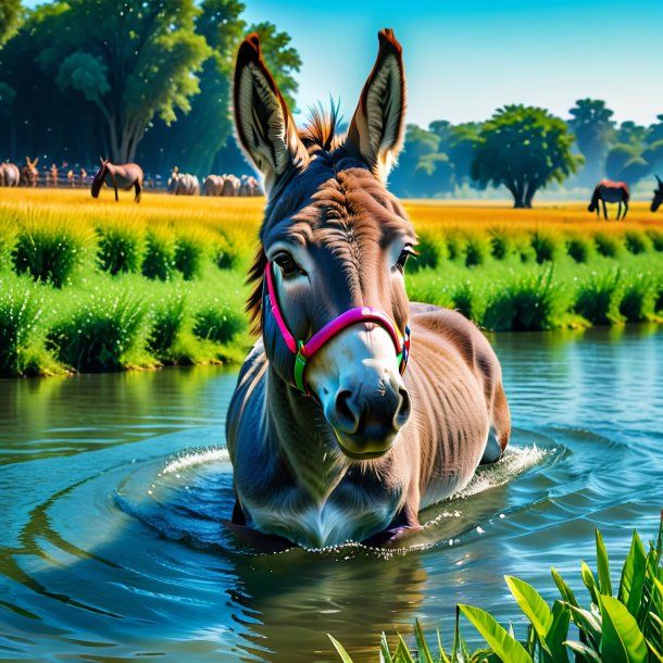 Retrato de uma natação de um burro no campo