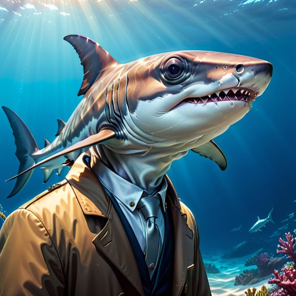 Illustration of a hammerhead shark in a coat in the sea