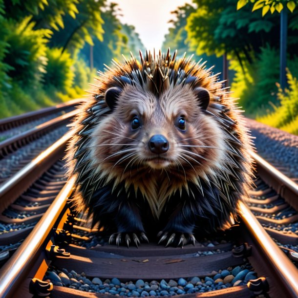 Photo of a resting of a porcupine on the railway tracks