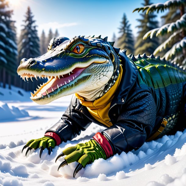 Picture of a alligator in a gloves in the snow