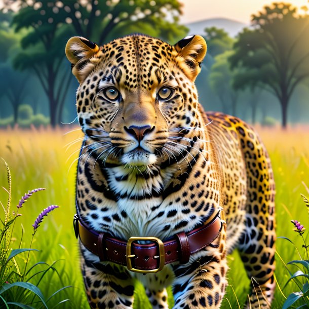 Pic of a leopard in a belt in the meadow