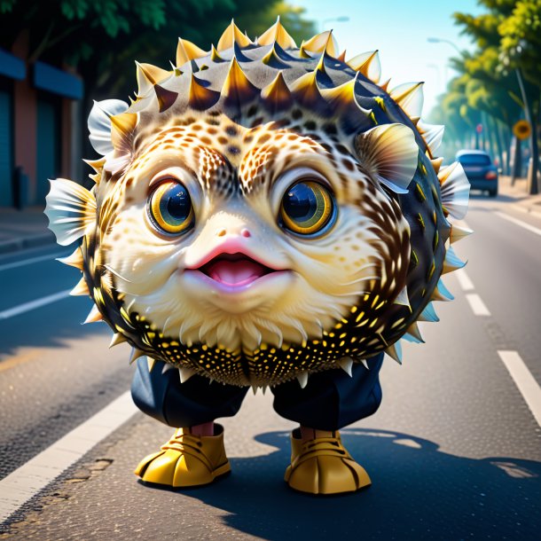 Drawing of a pufferfish in a trousers on the road