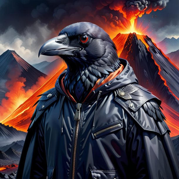 Drawing of a crow in a jacket in the volcano