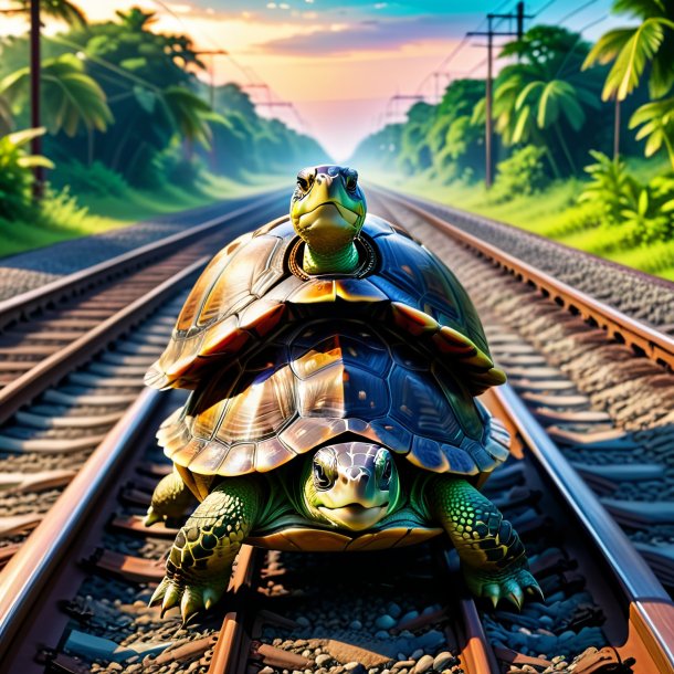 Foto de un baile de una tortuga en las vías del tren