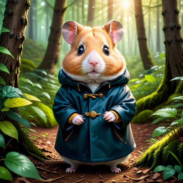 Illustration of a hamster in a coat in the forest