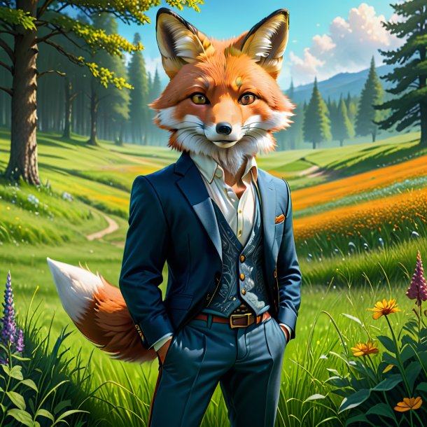 Drawing of a fox in a trousers in the meadow