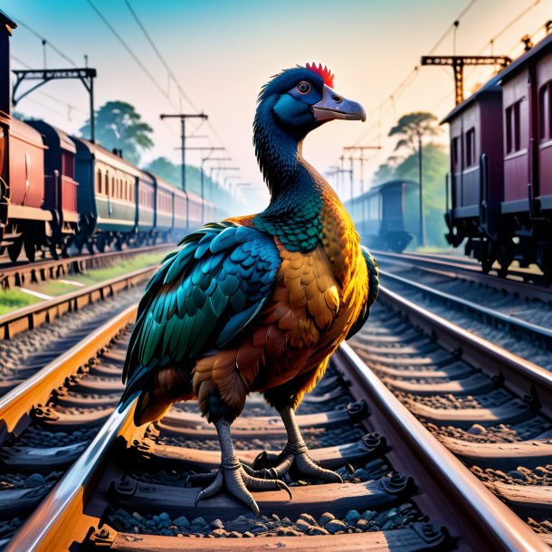 Photo of a dodo in a gloves on the railway tracks