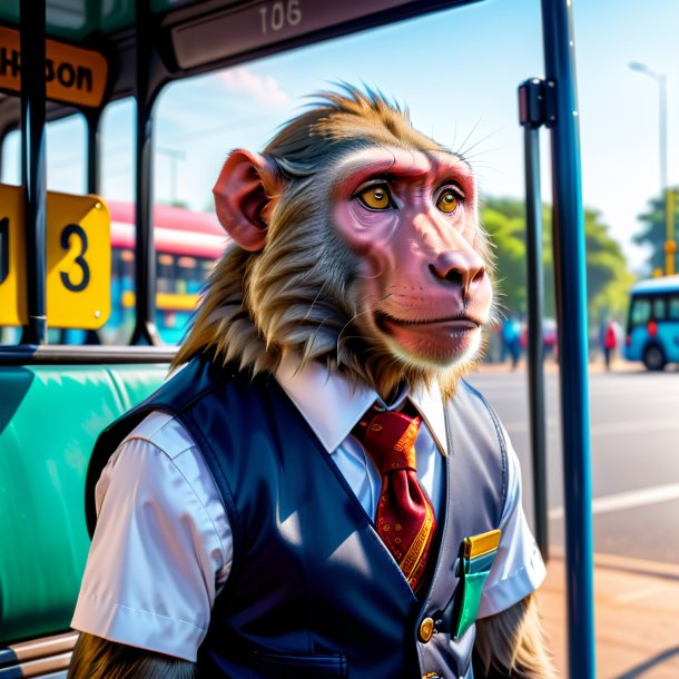 Foto de um babuíno em um colete no ponto de ônibus