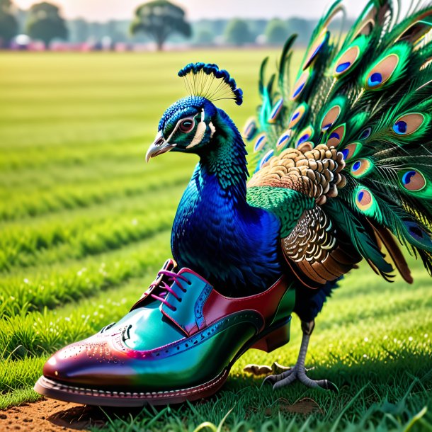 Picture of a peacock in a shoes on the field