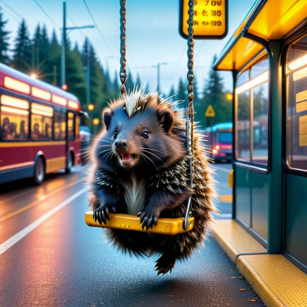 Image of a swinging on a swing of a porcupine on the bus stop