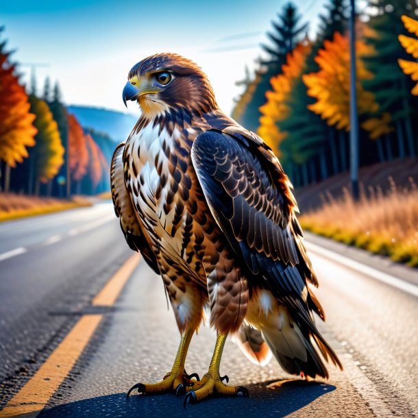 Foto de um falcão em um casaco na estrada