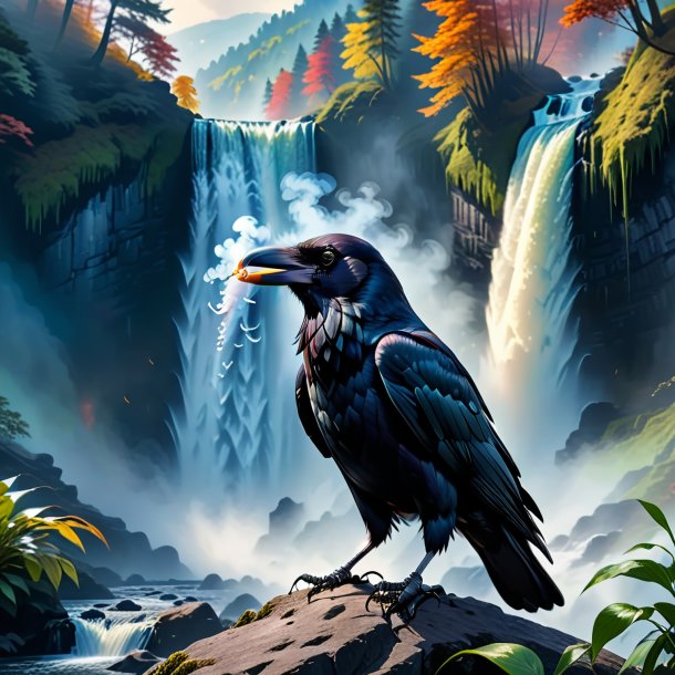 Photo of a smoking of a crow in the waterfall