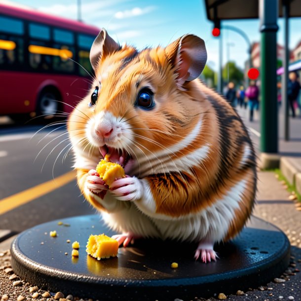 Imagem de um comer de um hamster no ponto de ônibus