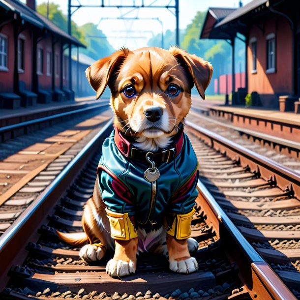 Dibujo de un perro en los guantes en las vías del ferrocarril