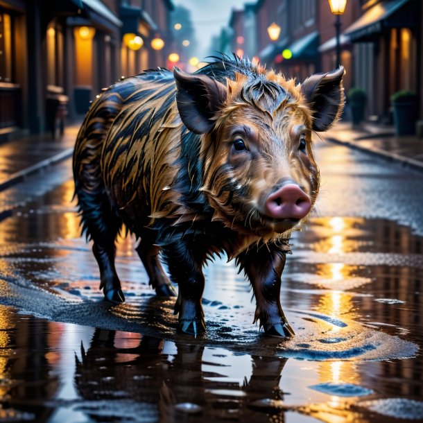 Photo of a boar in a coat in the puddle