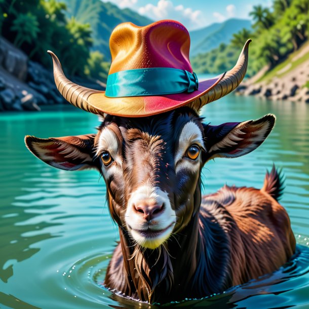 Image of a goat in a hat in the water