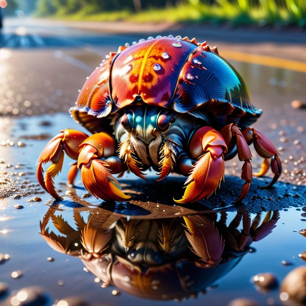 Pic of a threatening of a hermit crab in the puddle