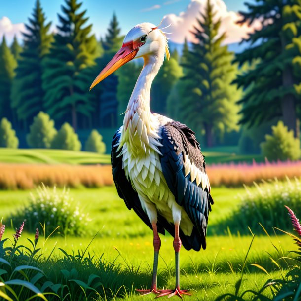 Photo of a stork in a sweater in the meadow