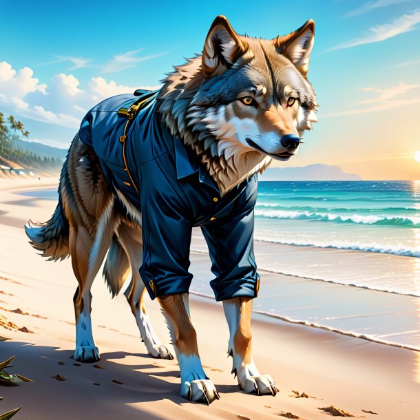 Ilustración de un lobo en un pantalón en la playa