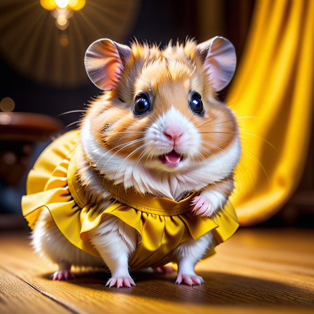 Pic d'un hamster dans une jupe jaune