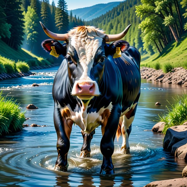 Image of a cow in a jeans in the river