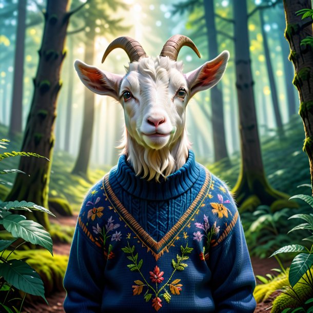 Image of a goat in a sweater in the forest