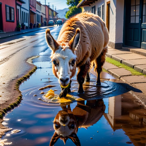 Imagen de un comer de una llama en el charco