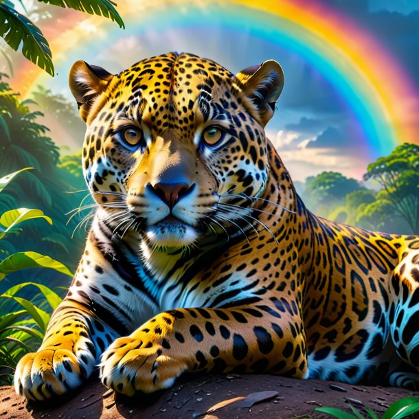 Picture of a resting of a jaguar on the rainbow