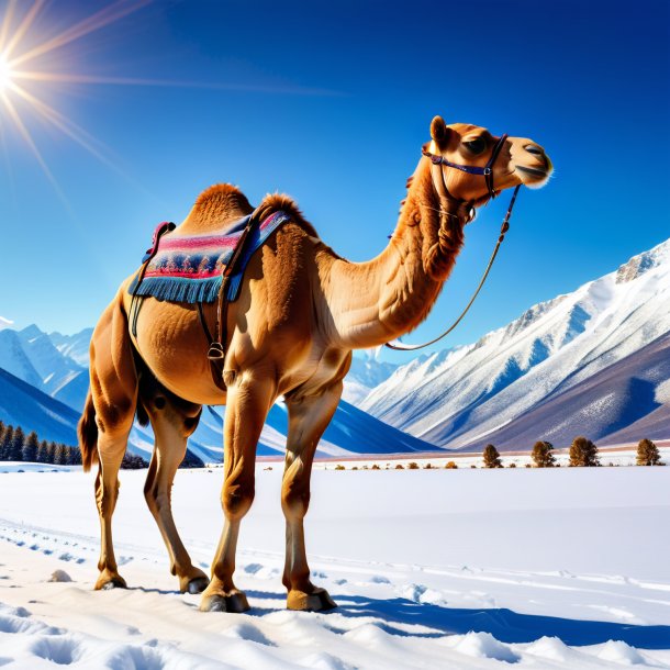 Foto de un camello en jeans en la nieve