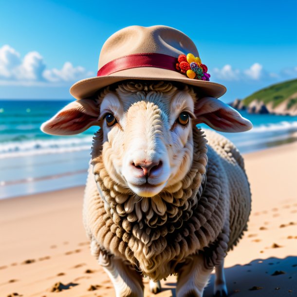 Imagen de una oveja en un sombrero en la playa