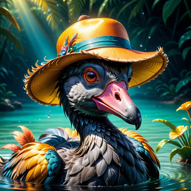 Illustration of a dodo in a hat in the water