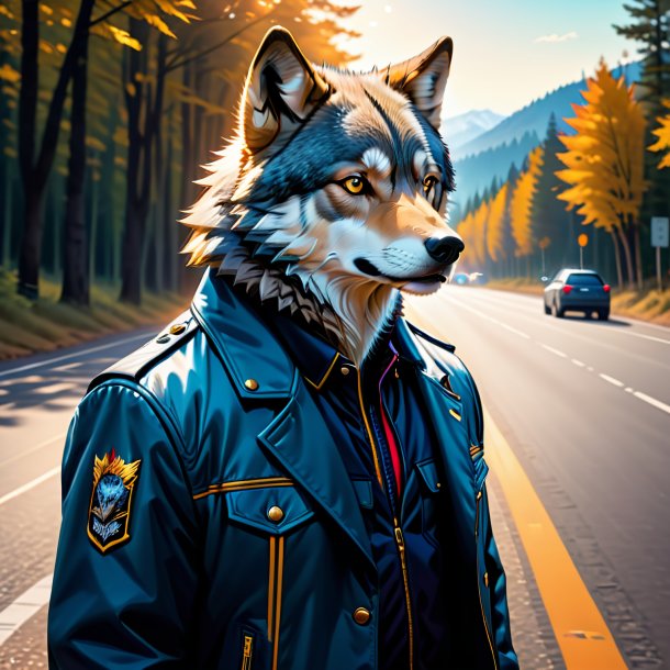 Drawing of a wolf in a jacket on the road