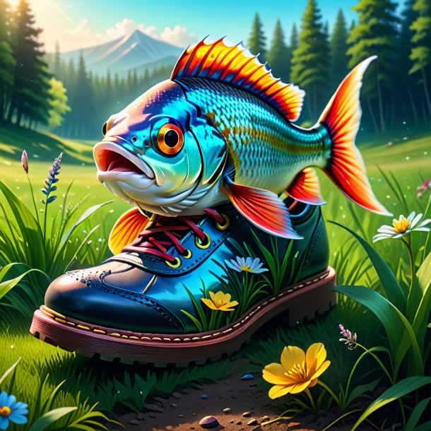 Illustration of a fish in a shoes in the meadow