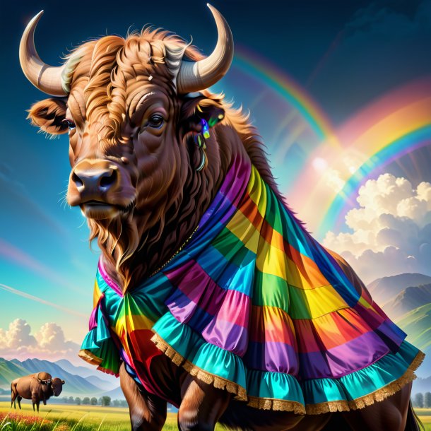 Drawing of a buffalo in a dress on the rainbow