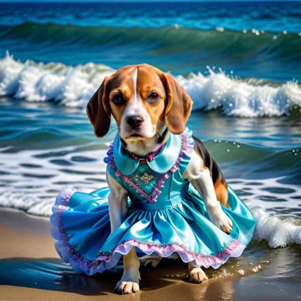 Photo of a beagle in a dress in the sea