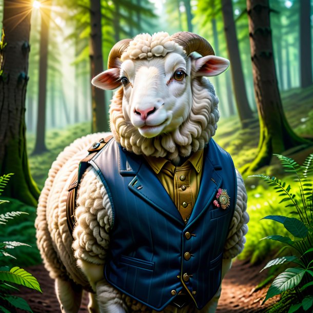 Picture of a sheep in a vest in the forest