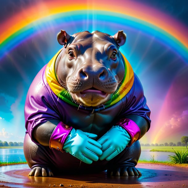 Image of a hippopotamus in a gloves on the rainbow