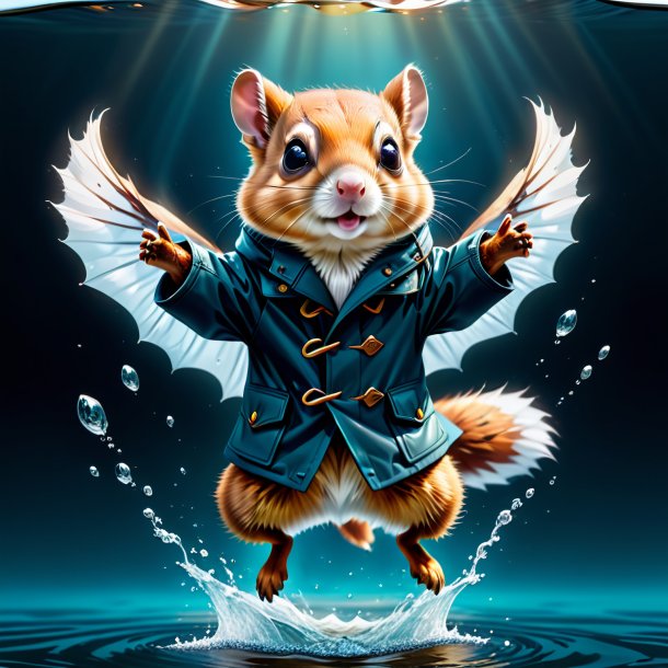 Illustration of a flying squirrel in a coat in the water