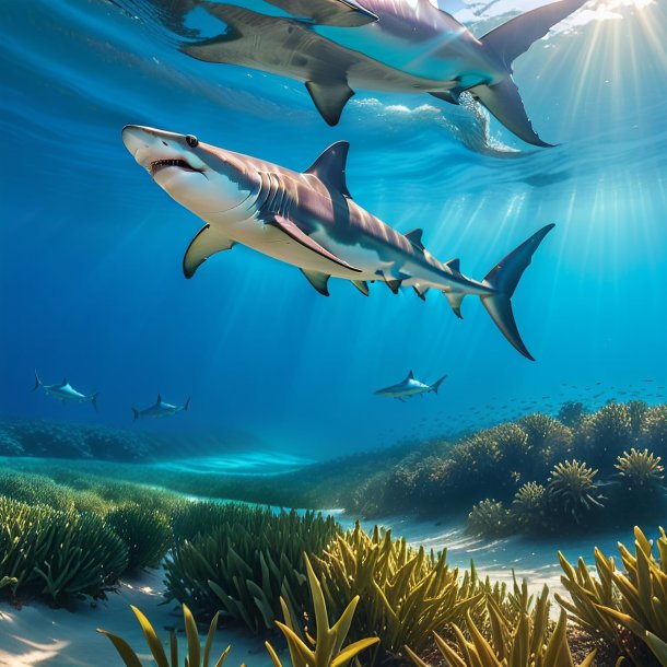 Image of a swimming of a hammerhead shark on the field