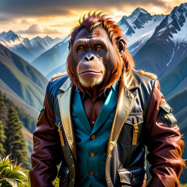 Photo of a orangutan in a jacket in the mountains