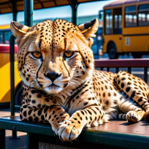 Photo of a sleeping of a cheetah on the bus stop