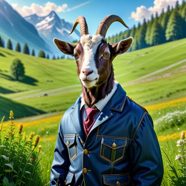 Picture of a goat in a jacket in the meadow